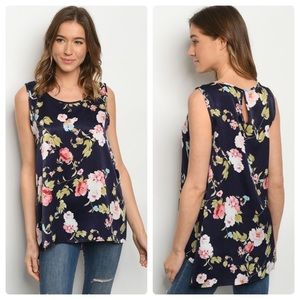 New Navy Blue High Low Floral Tank Top